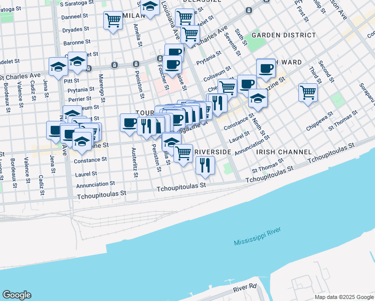 map of restaurants, bars, coffee shops, grocery stores, and more near 916 Foucher Street in New Orleans