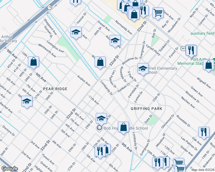 map of restaurants, bars, coffee shops, grocery stores, and more near 2820 Lombardy Drive in Port Arthur