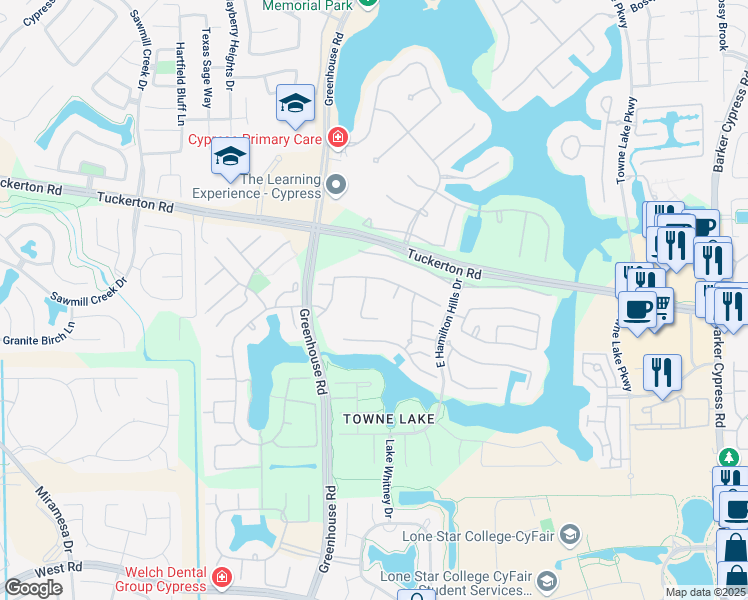 map of restaurants, bars, coffee shops, grocery stores, and more near 9823 Primrose Park Lane in Cypress