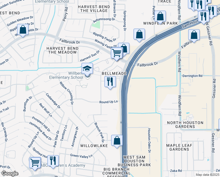 map of restaurants, bars, coffee shops, grocery stores, and more near 10713 West Sam Houston Parkway North in Houston