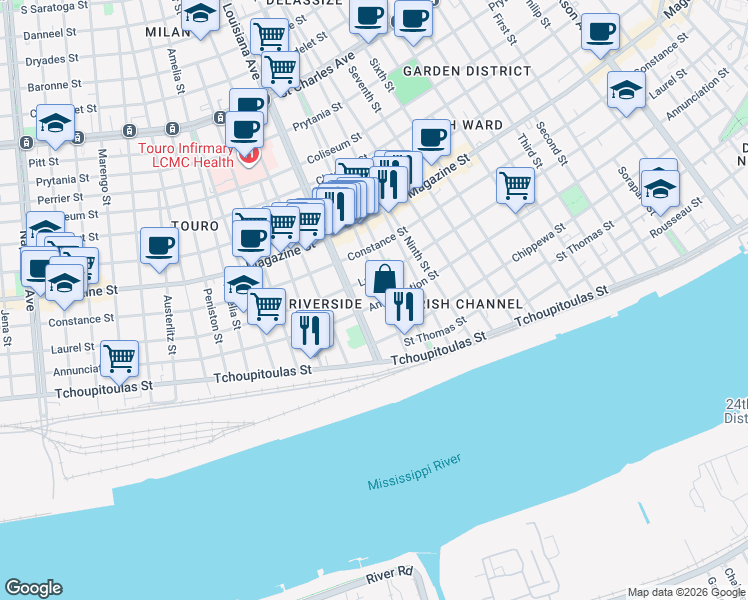 map of restaurants, bars, coffee shops, grocery stores, and more near 3315 Annunciation Street in New Orleans
