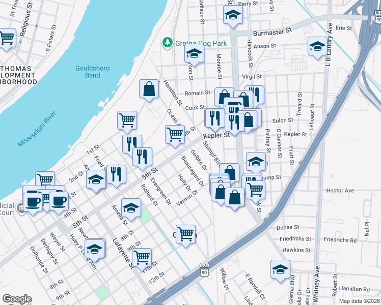 map of restaurants, bars, coffee shops, grocery stores, and more near 5 Beauregard Drive in Gretna