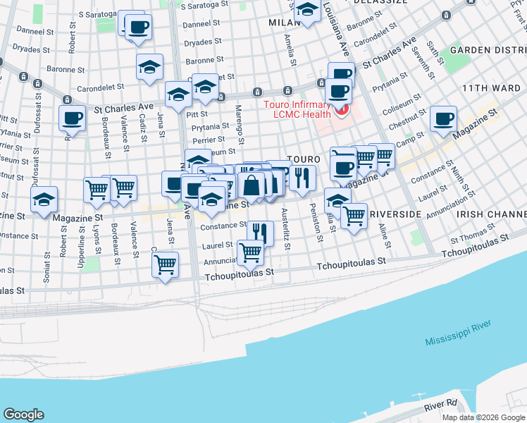 map of restaurants, bars, coffee shops, grocery stores, and more near 817 Marengo Street in New Orleans