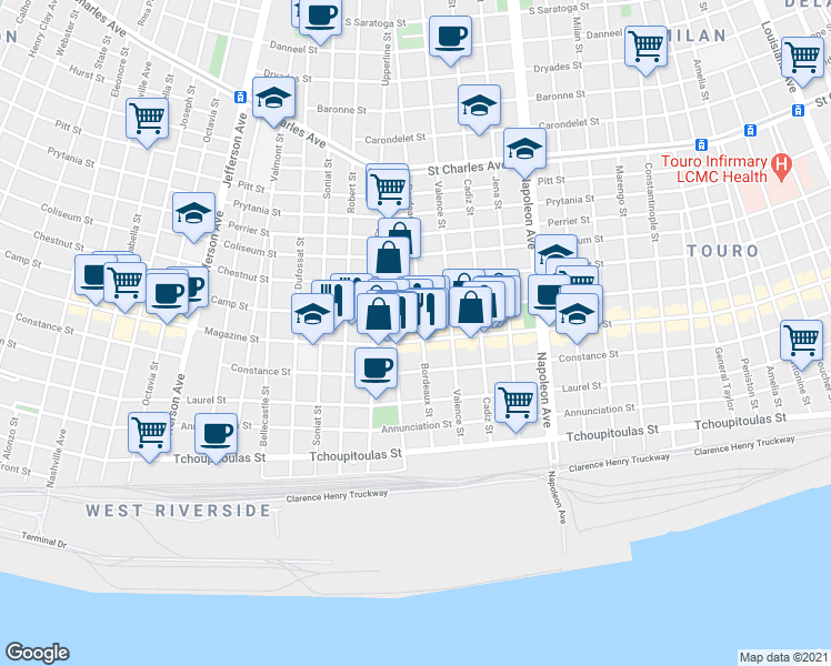 map of restaurants, bars, coffee shops, grocery stores, and more near 4815 Magazine Street in New Orleans