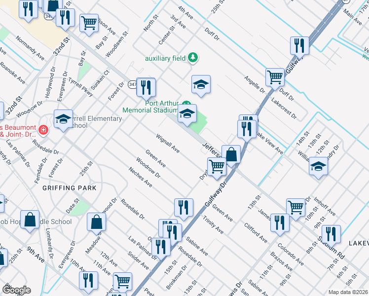 map of restaurants, bars, coffee shops, grocery stores, and more near 2100 Wignall Avenue in Port Arthur