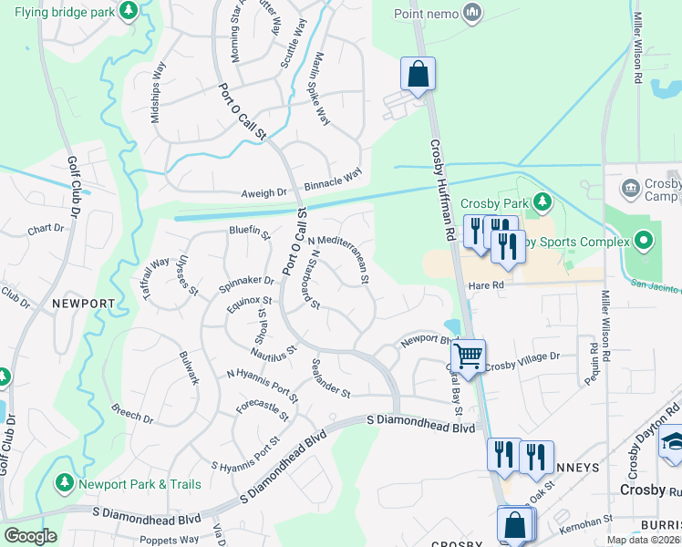 map of restaurants, bars, coffee shops, grocery stores, and more near 414 Flying Dutchman Street in Crosby