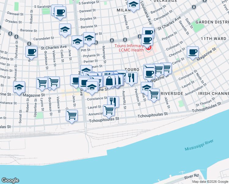 map of restaurants, bars, coffee shops, grocery stores, and more near 817 Marengo Street in New Orleans