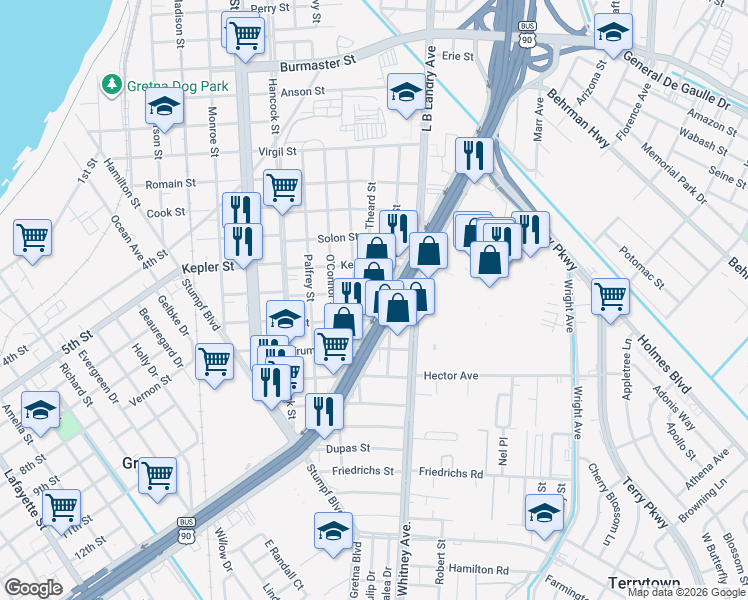 map of restaurants, bars, coffee shops, grocery stores, and more near 25 West Bank Expressway in Gretna
