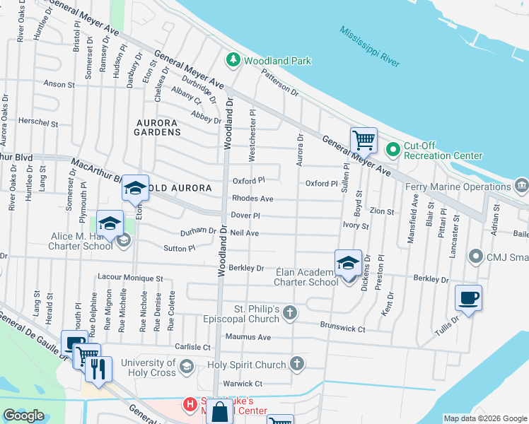 map of restaurants, bars, coffee shops, grocery stores, and more near 6058 Dover Place in New Orleans