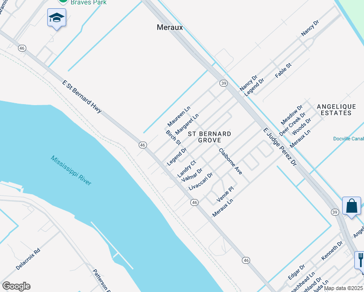 map of restaurants, bars, coffee shops, grocery stores, and more near 6206 Birch Street in Meraux