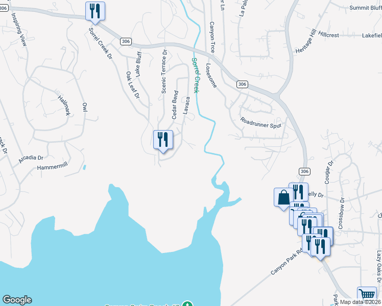 map of restaurants, bars, coffee shops, grocery stores, and more near 1330 Lavaca in Canyon Lake