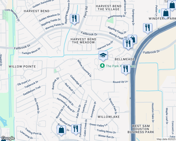 map of restaurants, bars, coffee shops, grocery stores, and more near 10310 Willow Crossing Circle in Houston