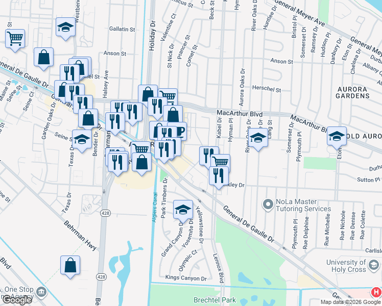 map of restaurants, bars, coffee shops, grocery stores, and more near 1444201 Gen De Gaulle Drive in New Orleans