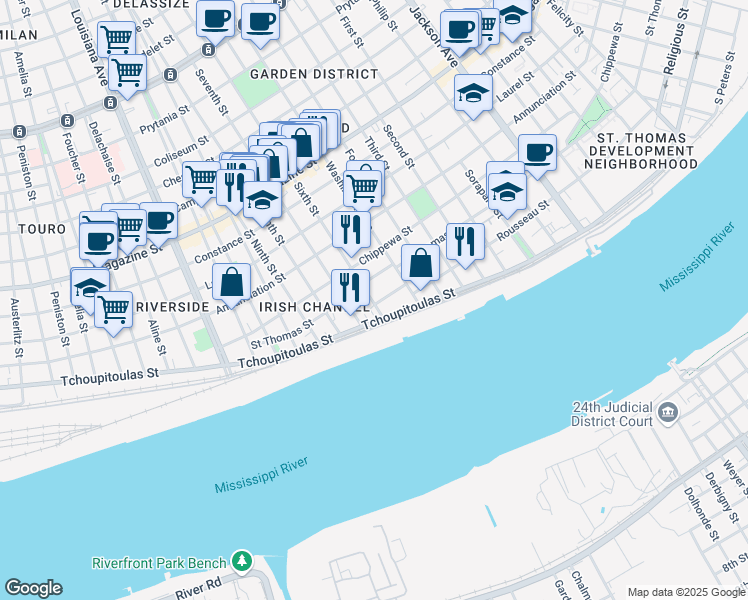 map of restaurants, bars, coffee shops, grocery stores, and more near 425 Seventh Street in New Orleans
