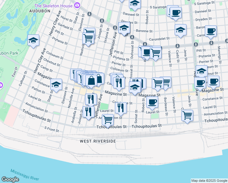 map of restaurants, bars, coffee shops, grocery stores, and more near 830 Leontine Street in New Orleans