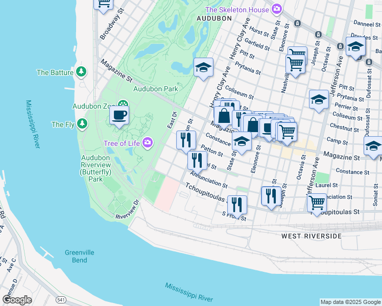 map of restaurants, bars, coffee shops, grocery stores, and more near 6204 Laurel Street in New Orleans