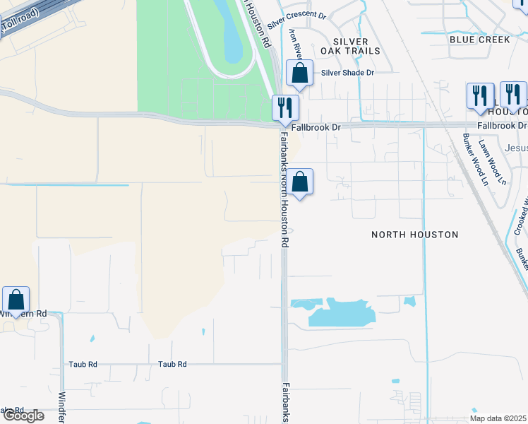 map of restaurants, bars, coffee shops, grocery stores, and more near 9707 Fairbanks North Houston Road in Houston