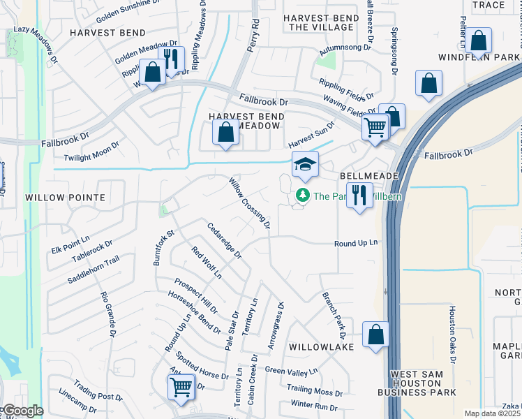 map of restaurants, bars, coffee shops, grocery stores, and more near 10310 Willow Crossing Circle in Houston