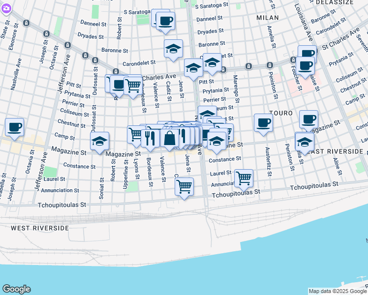map of restaurants, bars, coffee shops, grocery stores, and more near 4528 Magazine Street in New Orleans