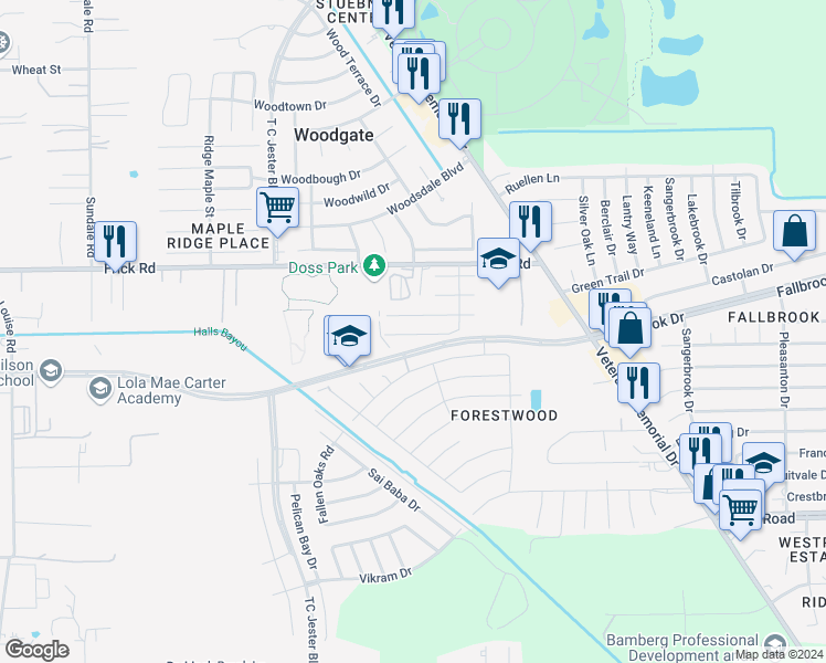 map of restaurants, bars, coffee shops, grocery stores, and more near 2331 Frick Road in Houston