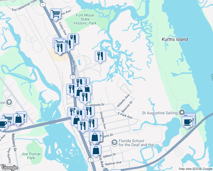 map of restaurants, bars, coffee shops, grocery stores, and more near 37 Oak Street in St. Augustine