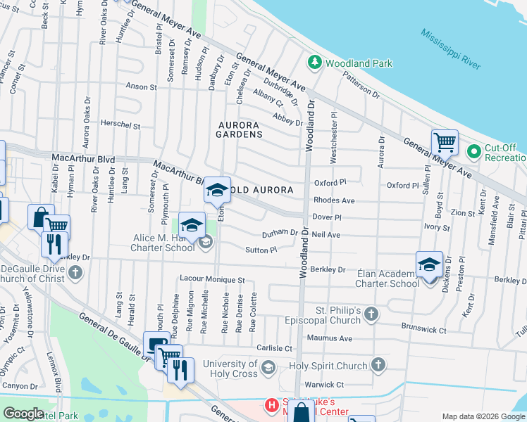 map of restaurants, bars, coffee shops, grocery stores, and more near 5600 Wimbledon Court in New Orleans