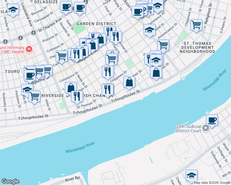 map of restaurants, bars, coffee shops, grocery stores, and more near 2837 Tchoupitoulas Street in New Orleans
