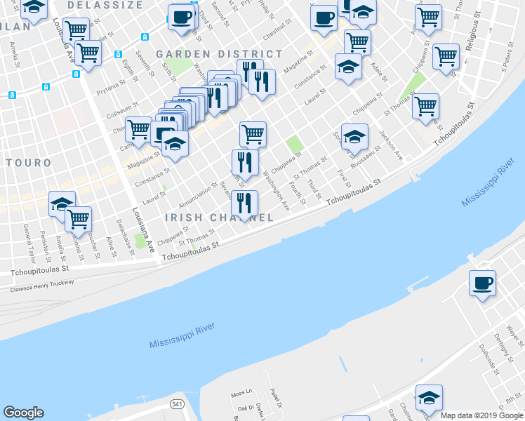 map of restaurants, bars, coffee shops, grocery stores, and more near 2837 Tchoupitoulas Street in New Orleans