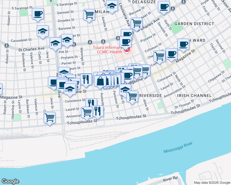 map of restaurants, bars, coffee shops, grocery stores, and more near 3815 Constance Street in New Orleans