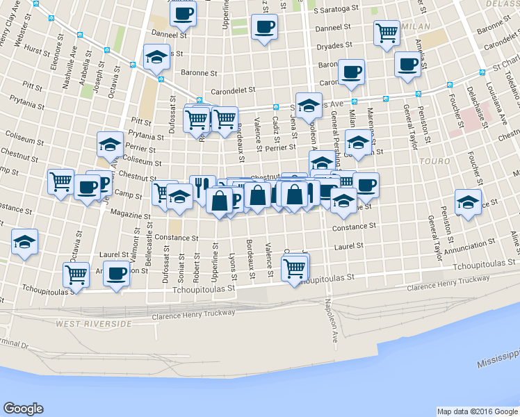 map of restaurants, bars, coffee shops, grocery stores, and more near in New Orleans