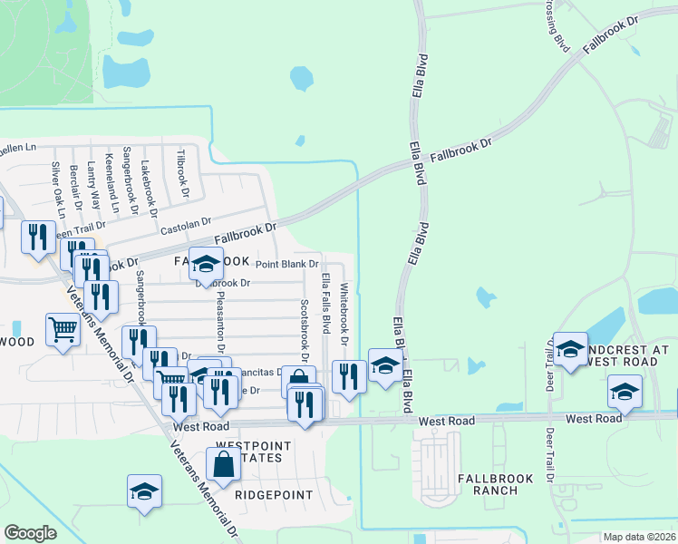 map of restaurants, bars, coffee shops, grocery stores, and more near 10251 Ella Falls Boulevard in Houston