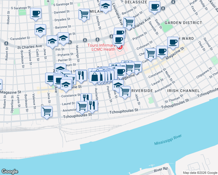 map of restaurants, bars, coffee shops, grocery stores, and more near 3815 Constance Street in New Orleans