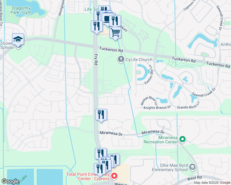 map of restaurants, bars, coffee shops, grocery stores, and more near 18300 Marvelous Place in Cypress