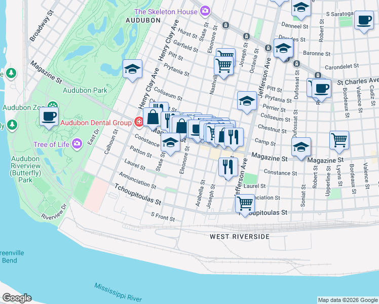 map of restaurants, bars, coffee shops, grocery stores, and more near 629 Eleonore Street in New Orleans