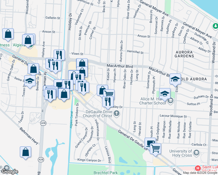 map of restaurants, bars, coffee shops, grocery stores, and more near 3301 Hyman Place in New Orleans