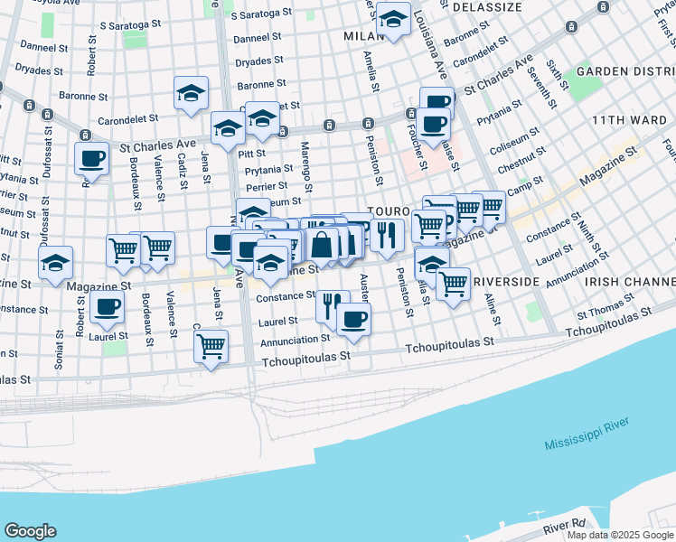 map of restaurants, bars, coffee shops, grocery stores, and more near 817 Marengo Street in New Orleans