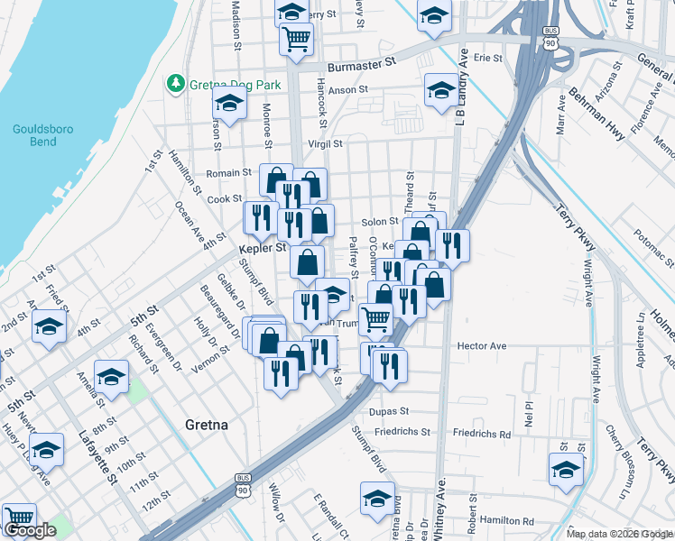 map of restaurants, bars, coffee shops, grocery stores, and more near 1807 Hancock Street in Gretna