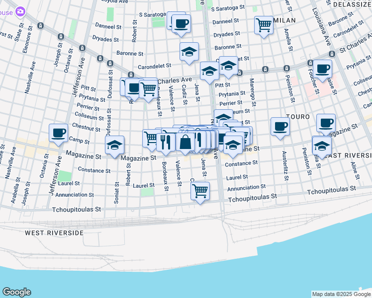 map of restaurants, bars, coffee shops, grocery stores, and more near 4528 Magazine Street in New Orleans