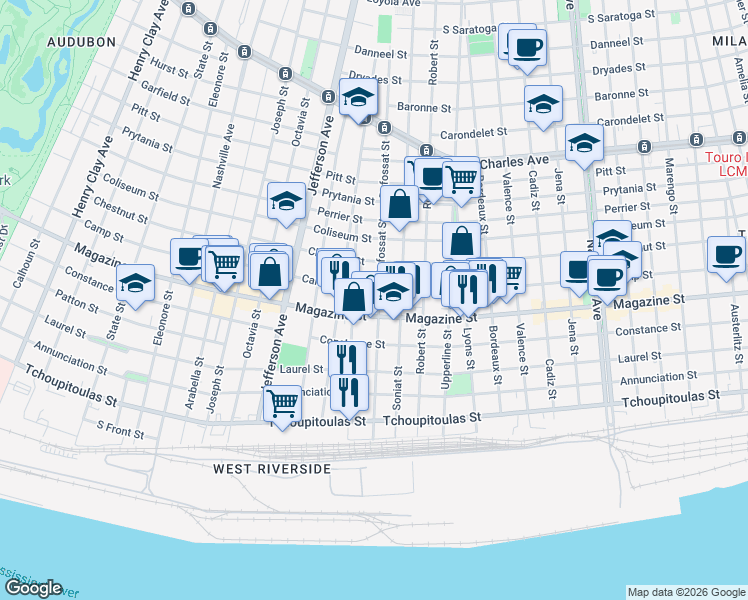 map of restaurants, bars, coffee shops, grocery stores, and more near 5201 Magazine Street in New Orleans