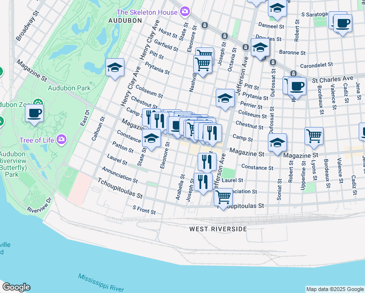map of restaurants, bars, coffee shops, grocery stores, and more near 5704 Constance Street in New Orleans