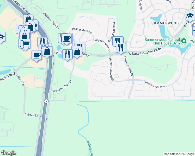 map of restaurants, bars, coffee shops, grocery stores, and more near 13014 Breezy Meadow Lane in Houston