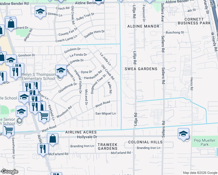 map of restaurants, bars, coffee shops, grocery stores, and more near 15110 Kaler Road in Houston
