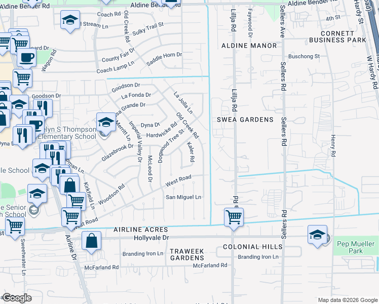 map of restaurants, bars, coffee shops, grocery stores, and more near 15110 Kaler Road in Houston