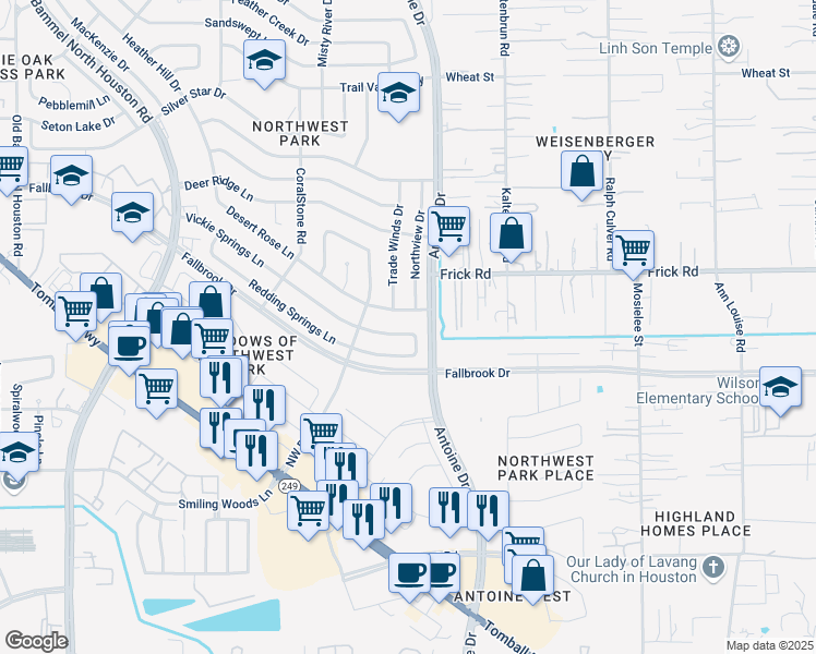 map of restaurants, bars, coffee shops, grocery stores, and more near 6411 Vickie Springs Lane in Houston