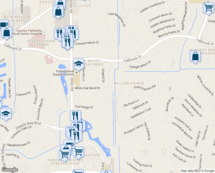 map of restaurants, bars, coffee shops, grocery stores, and more near 10719 White Oak Bend Drive in Houston
