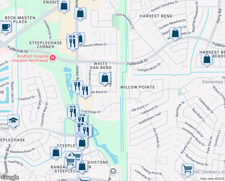 map of restaurants, bars, coffee shops, grocery stores, and more near 10719 White Oak Bend Drive in Houston