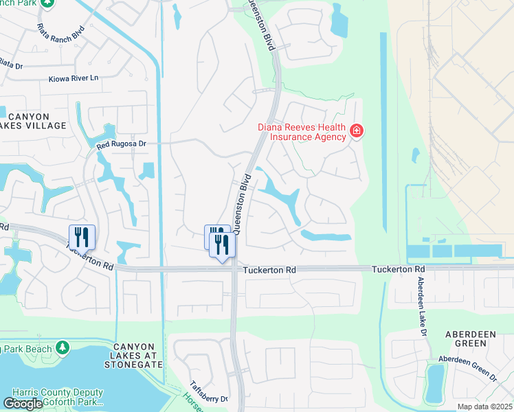 map of restaurants, bars, coffee shops, grocery stores, and more near 16506 Adobe Circle in Houston