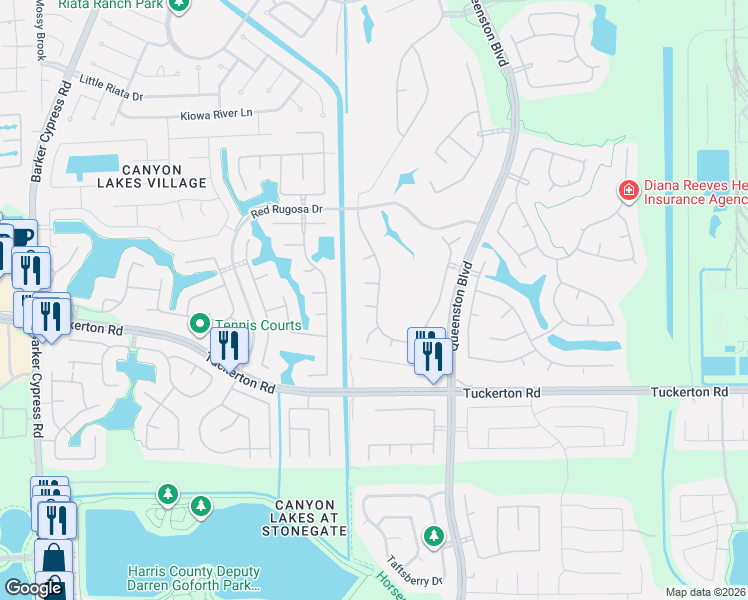 map of restaurants, bars, coffee shops, grocery stores, and more near 10114 Hahns Peak Drive in Houston