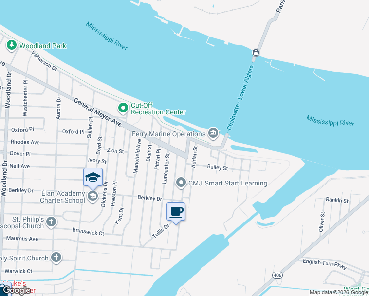 map of restaurants, bars, coffee shops, grocery stores, and more near 7065 General Meyer Avenue in New Orleans
