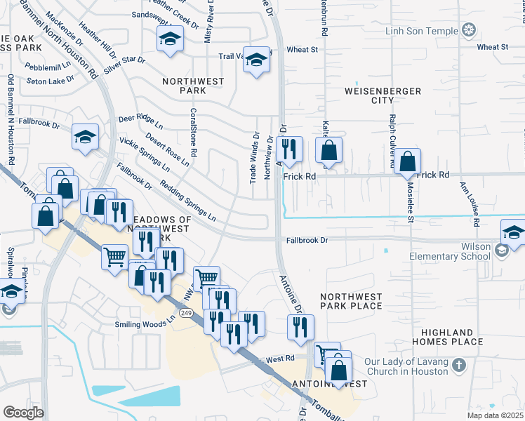 map of restaurants, bars, coffee shops, grocery stores, and more near 6411 Vickie Springs Lane in Houston
